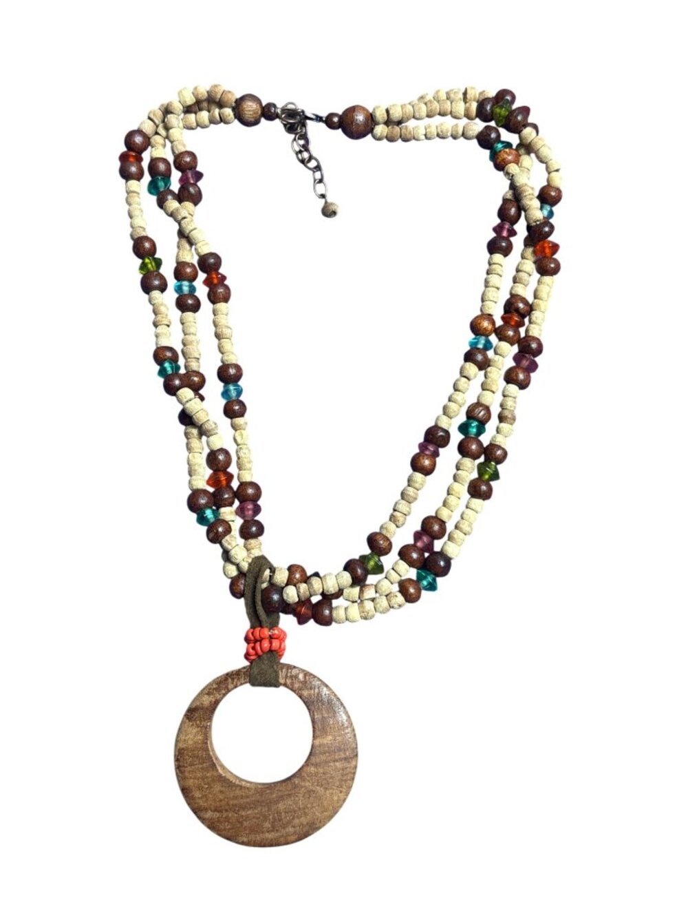 3 Strand Wooden Beaded Necklace Multicolor Glass Wooden Circle Pendant